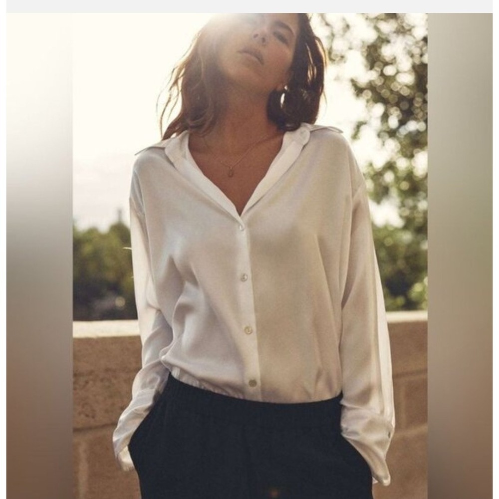 Zara White Satin Effect Long Sleeve Blouse Relaxed Fit Minimalist Capsule  - XL
